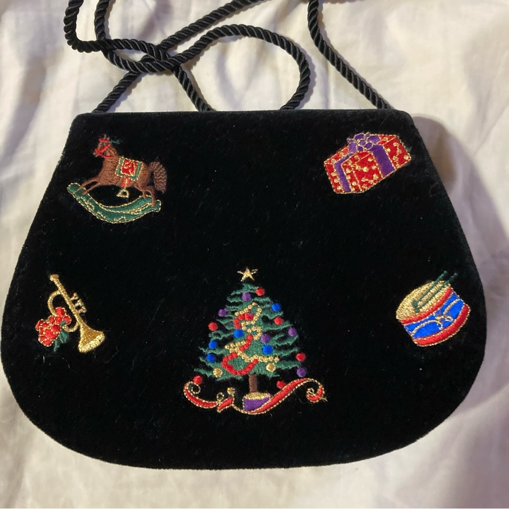 Festive Embroidered Black Velvet Crossbody Bag